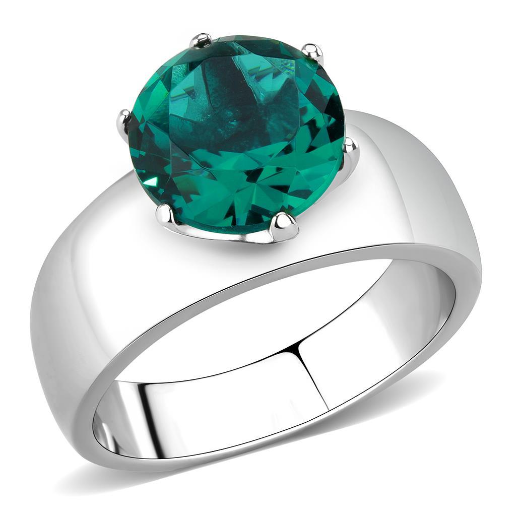 High polished (no plating) Stainless Steel Ring with Synthetic Synthetic Glass in Blue Zircon