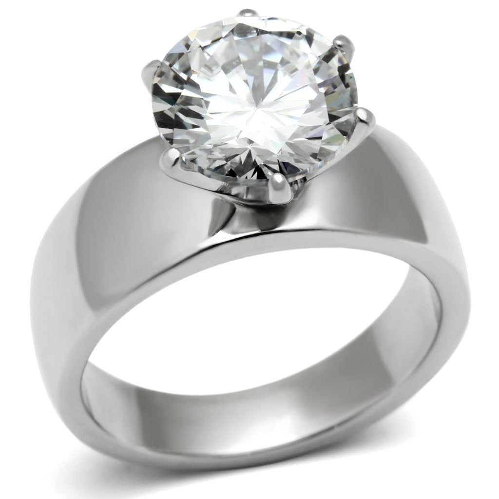 High polished (no plating) Stainless Steel Ring with AAA Grade CZ in Clear
