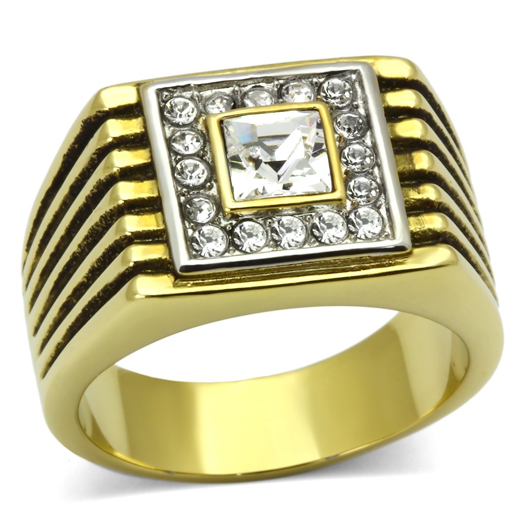 Two-Tone IP Gold (Ion Plating) Stainless Steel Ring with Top Grade Crystal in Clear