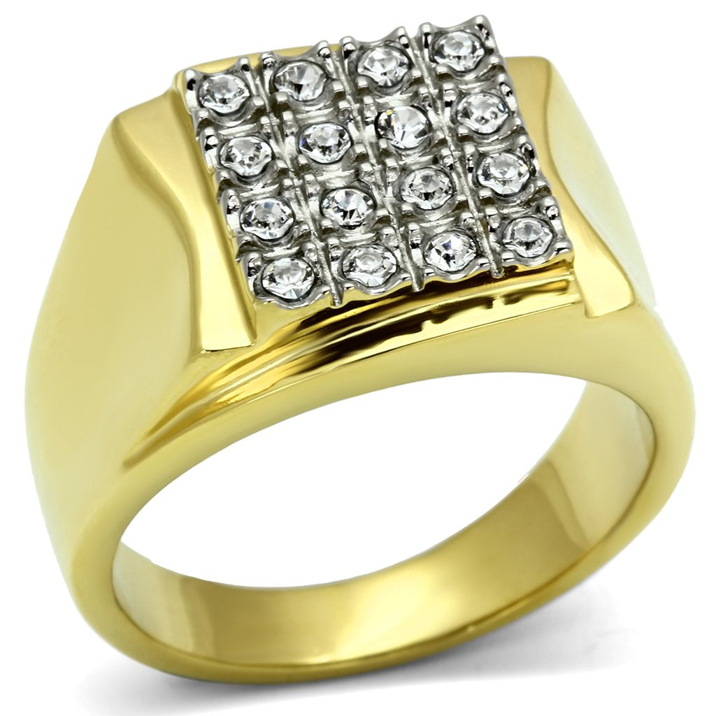 Two-Tone IP Gold (Ion Plating) Stainless Steel Ring with Top Grade Crystal in Clear