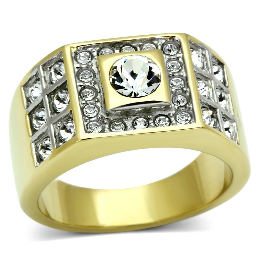 Two-Tone IP Gold (Ion Plating) Stainless Steel Ring with Top Grade Crystal in Clear