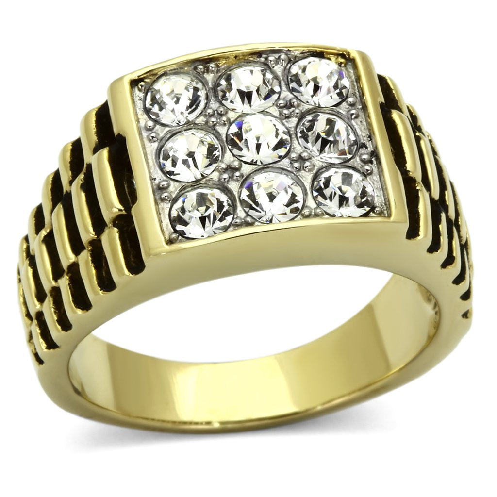 Two-Tone IP Gold (Ion Plating) Stainless Steel Ring with Top Grade Crystal in Clear