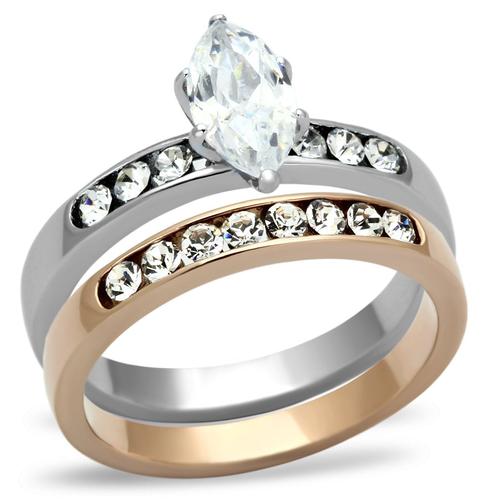 Two-Tone IP Rose Gold Stainless Steel Ring with AAA Grade CZ in Clear