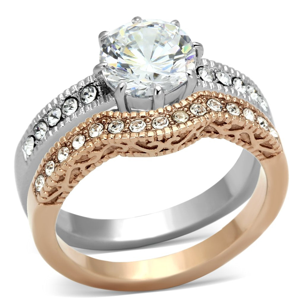 Two-Tone IP Rose Gold Stainless Steel Ring with AAA Grade CZ in Clear
