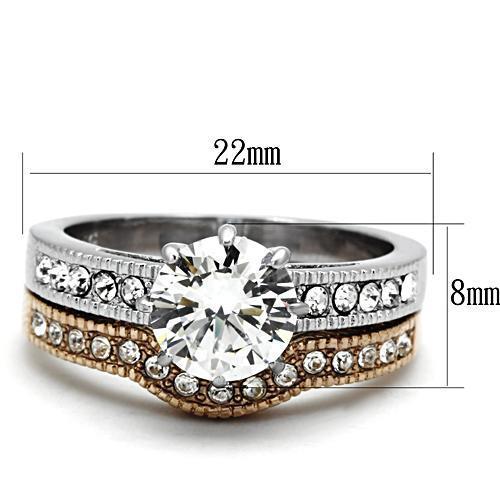 Two-Tone IP Rose Gold Stainless Steel Ring with AAA Grade CZ in Clear