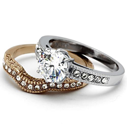 Two-Tone IP Rose Gold Stainless Steel Ring with AAA Grade CZ in Clear