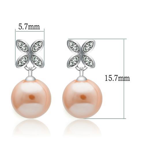 Rhodium 925 Sterling Silver Earrings with Synthetic Pearl in Light Rose