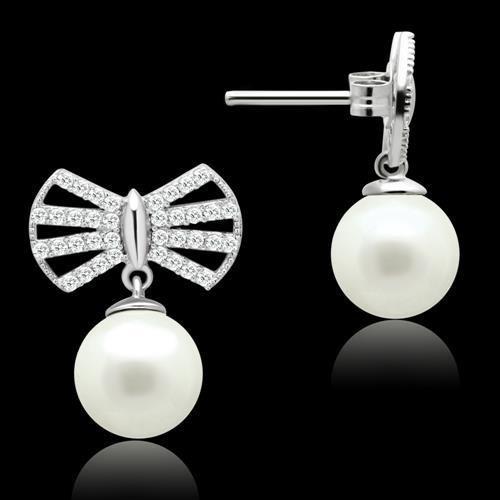 Rhodium 925 Sterling Silver Earrings with Synthetic Pearl in White