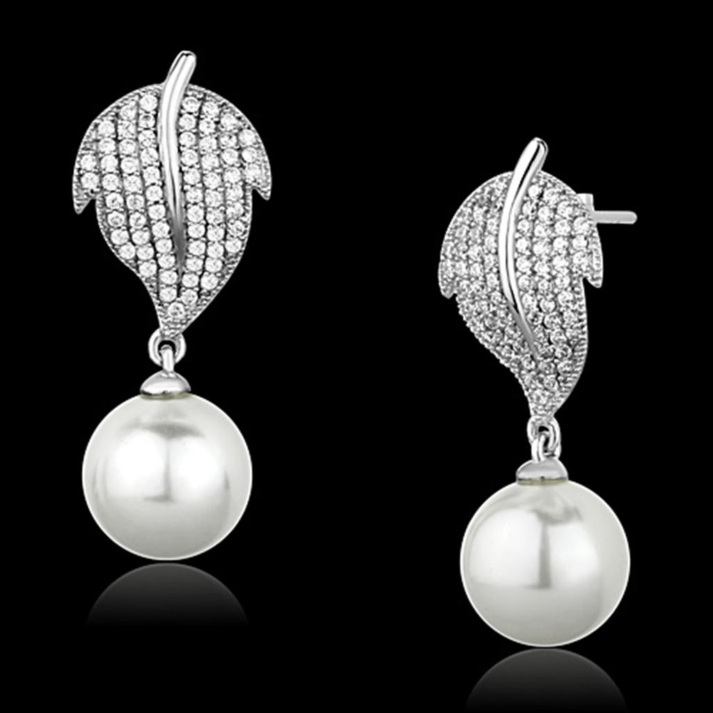 Rhodium 925 Sterling Silver Earrings with Synthetic Pearl in White