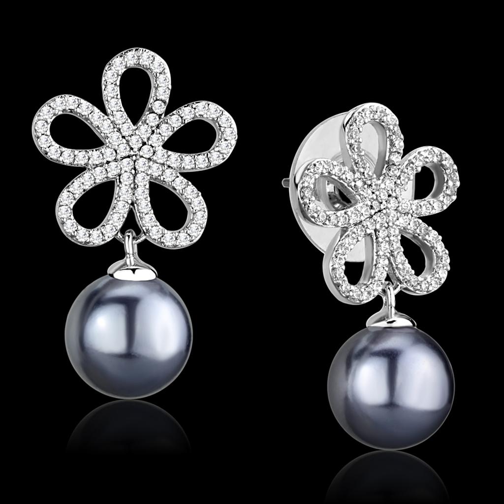 Rhodium 925 Sterling Silver Earrings with Synthetic Pearl in Light Gray