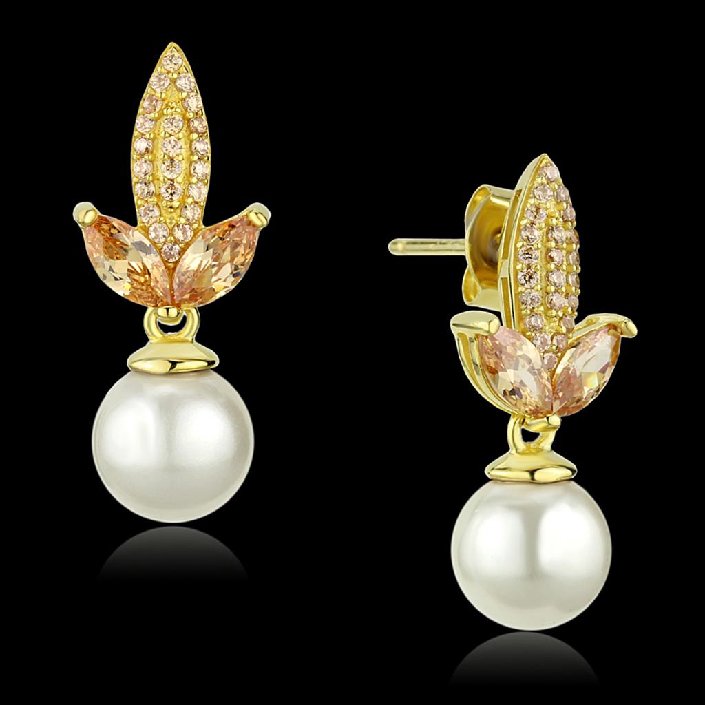 Gold 925 Sterling Silver Earrings with Synthetic Pearl in White
