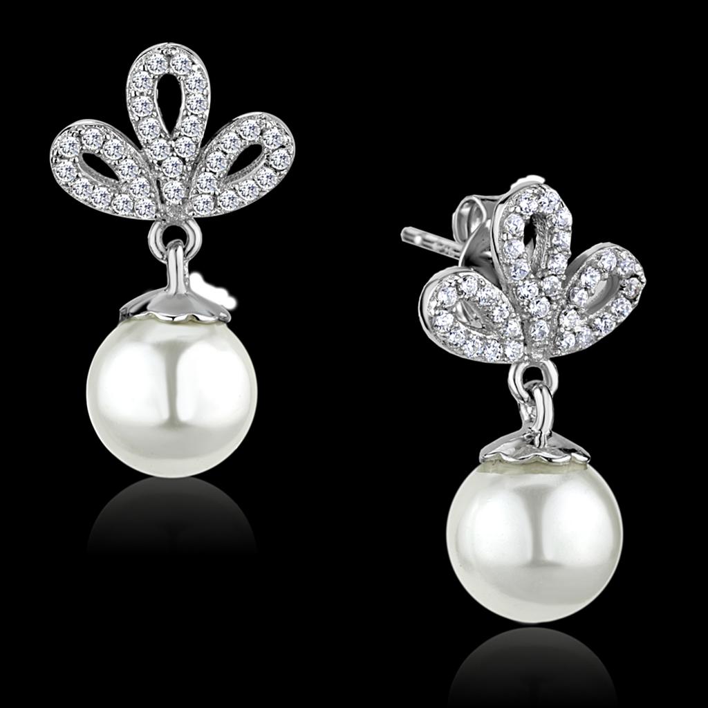 Rhodium 925 Sterling Silver Earrings with Synthetic Pearl in White