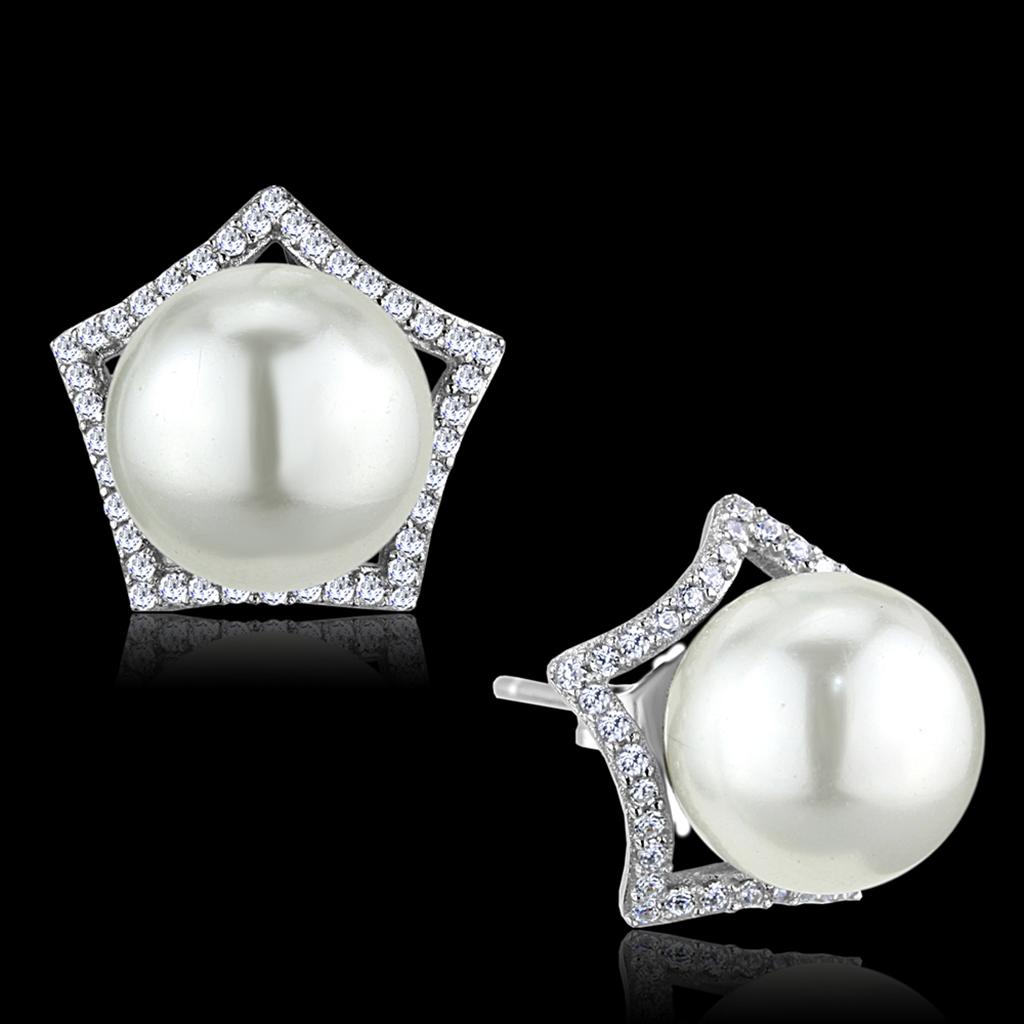 Rhodium 925 Sterling Silver Earrings with Synthetic Pearl in White