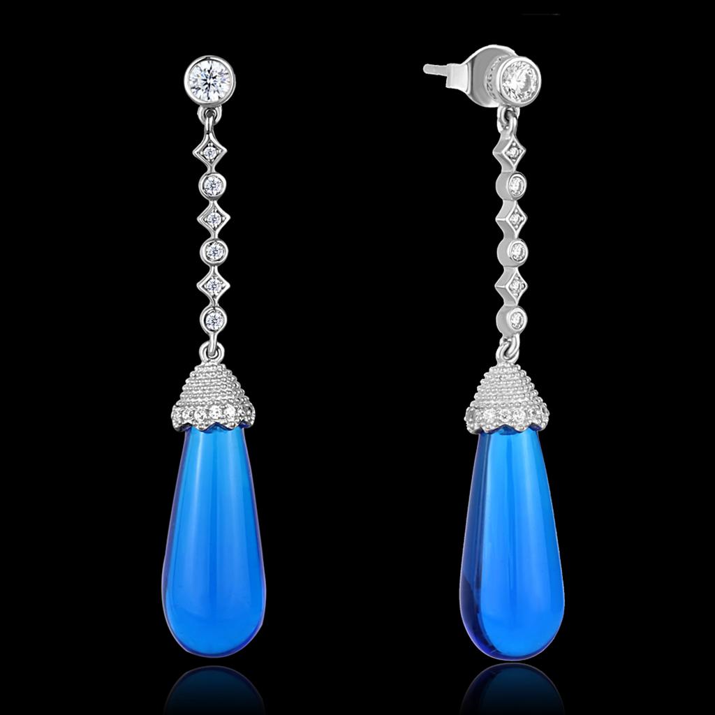 Rhodium 925 Sterling Silver Earrings with Synthetic Synthetic Glass in Capri Blue