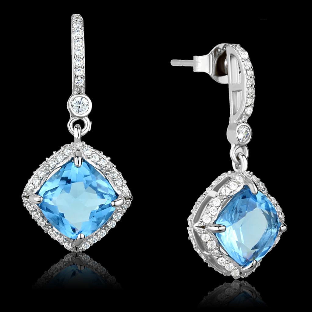 Rhodium 925 Sterling Silver Earrings with Synthetic Synthetic Glass in Sea Blue