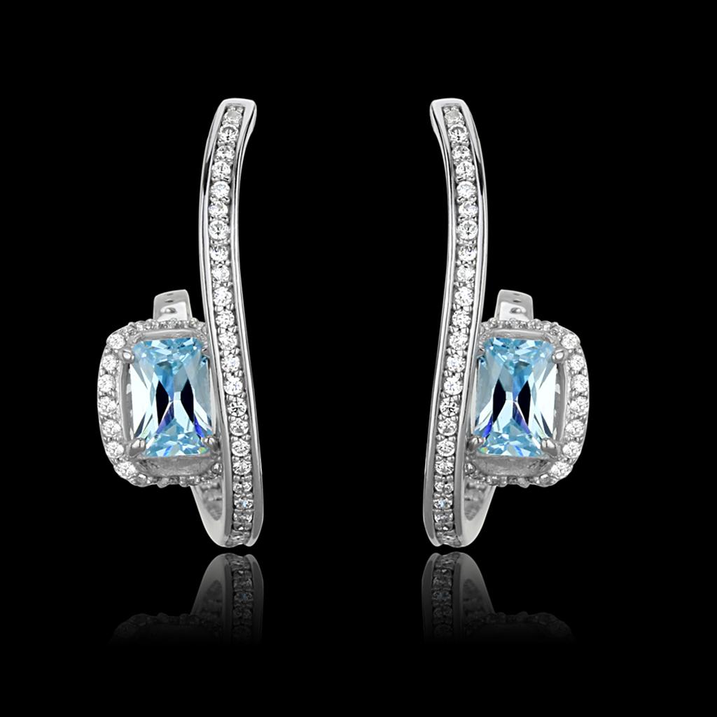 Rhodium 925 Sterling Silver Earrings with AAA Grade CZ in Sea Blue