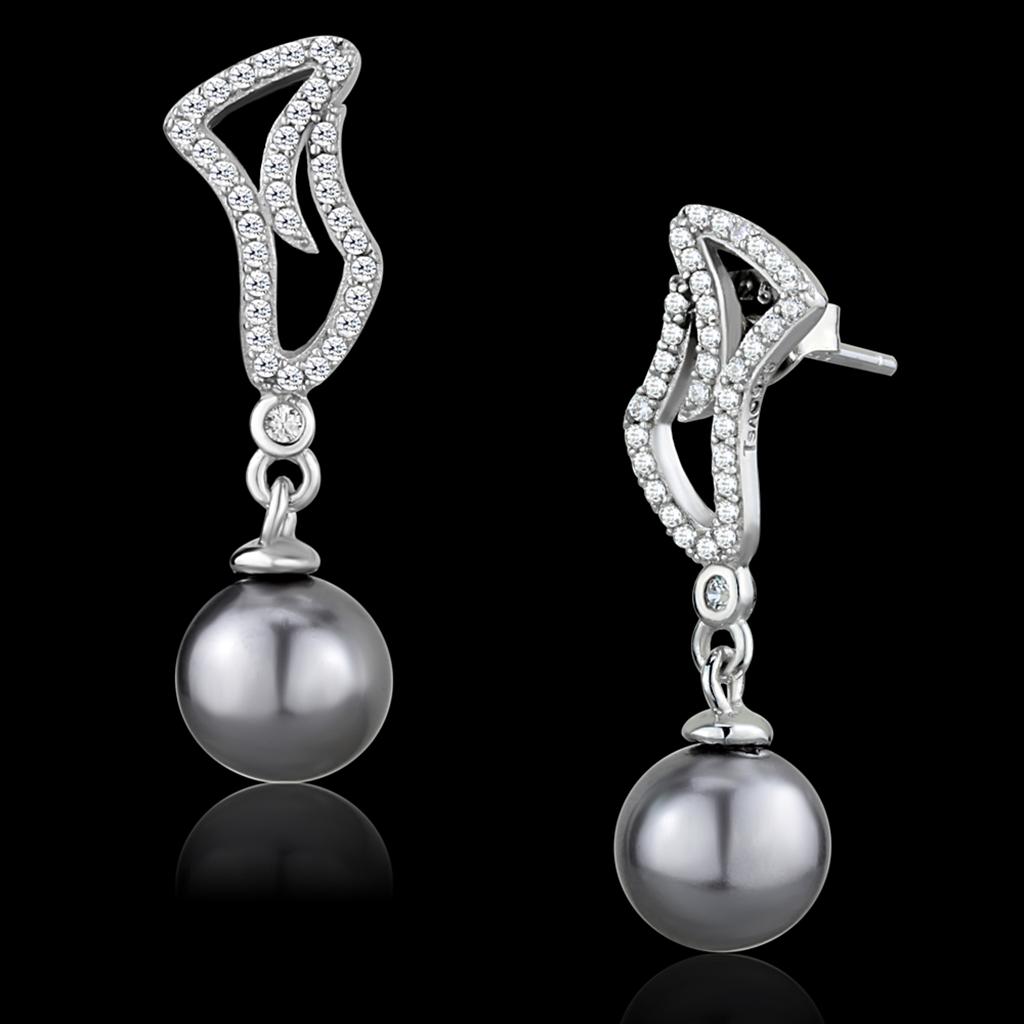 Rhodium 925 Sterling Silver Earrings with Synthetic Pearl in Gray