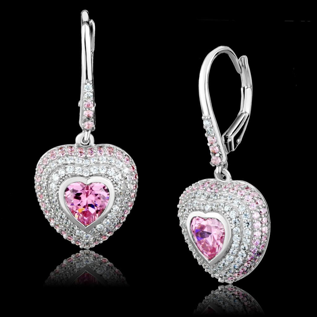 Rhodium 925 Sterling Silver Earrings with AAA Grade CZ in Rose