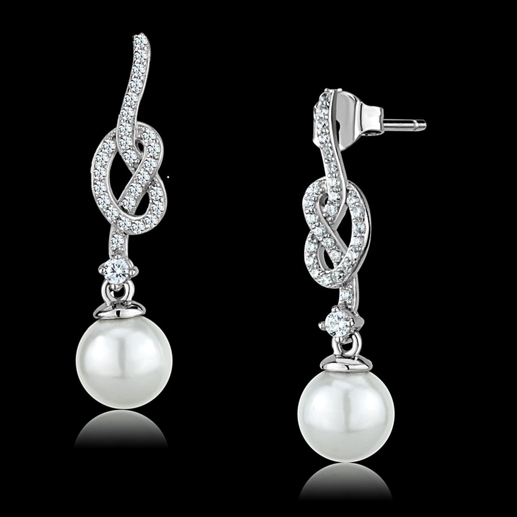 Rhodium 925 Sterling Silver Earrings with Synthetic Glass Bead in White