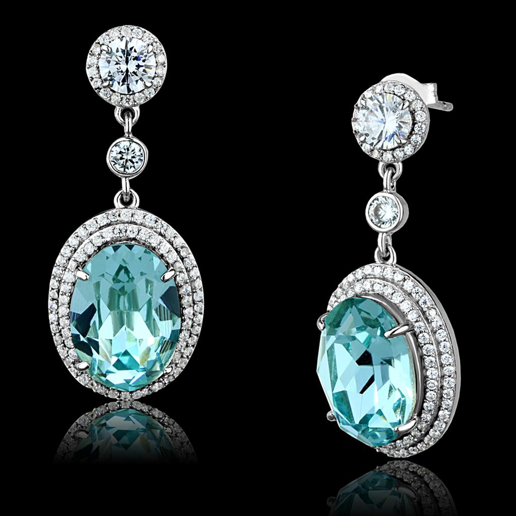 Rhodium 925 Sterling Silver Earrings with Top Grade Crystal in Sea Blue
