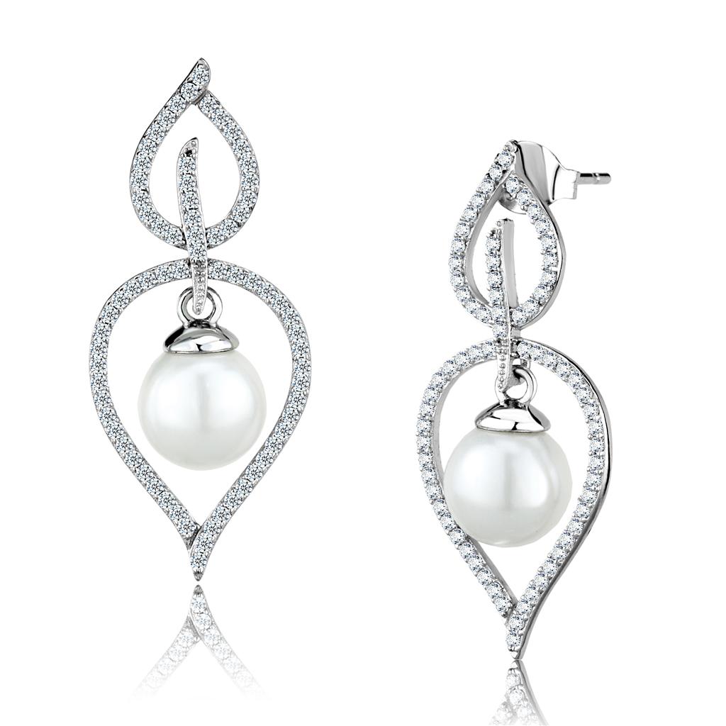 Rhodium 925 Sterling Silver Earrings with Semi-Precious Glass Bead in White