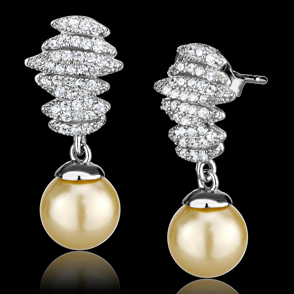 Rhodium 925 Sterling Silver Earrings with Synthetic Pearl in Topaz