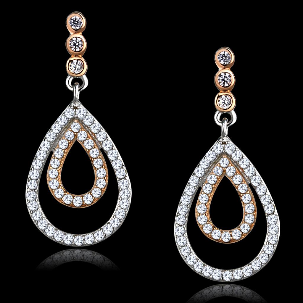 Rose Gold + Rhodium 925 Sterling Silver Earrings with AAA Grade CZ in Clear