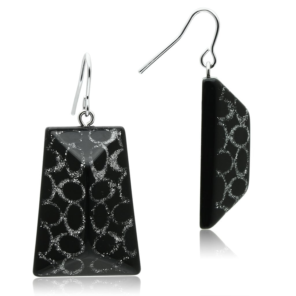 IP rhodium (PVD) Brass Earrings with Synthetic Synthetic Stone in Jet