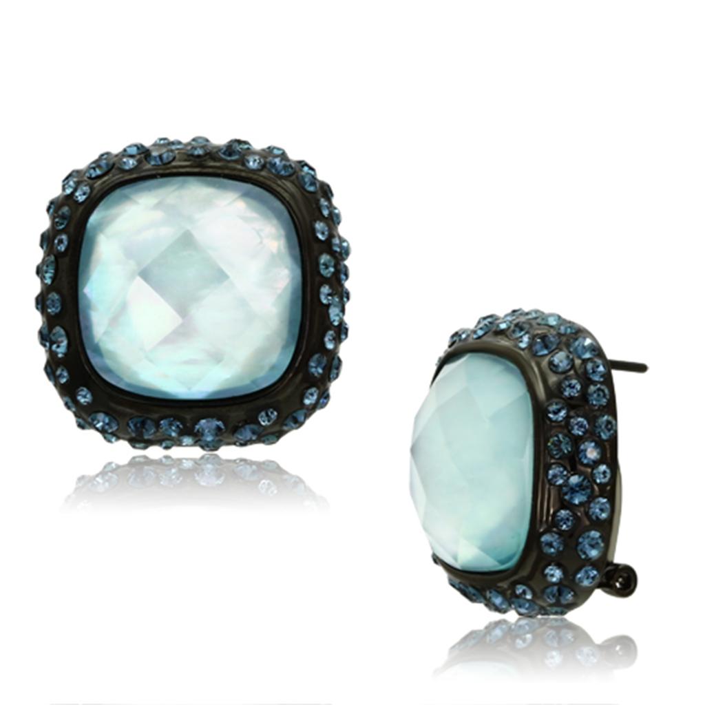 IP Black(Ion Plating) Brass Earrings with Synthetic Synthetic Glass in Sea Blue