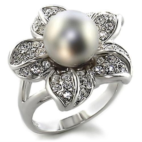 Rhodium Brass Ring with Synthetic Pearl in Gray