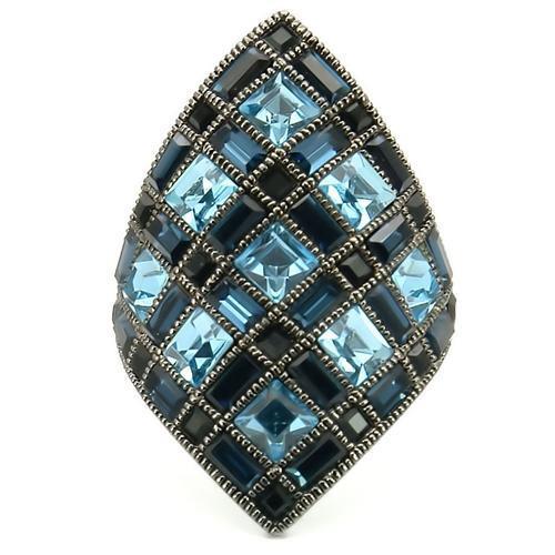 Ruthenium Brass Ring with Top Grade Crystal  in Sea Blue