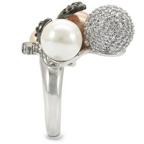 Rhodium + Ruthenium Brass Ring with Synthetic Pearl in Multi Color