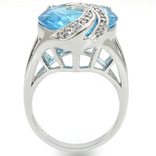 Rhodium Brass Ring with Synthetic Synthetic Glass in Sea Blue
