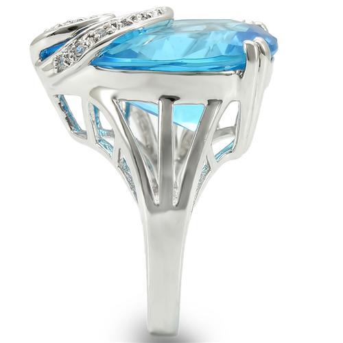 Rhodium Brass Ring with Synthetic Synthetic Glass in Sea Blue