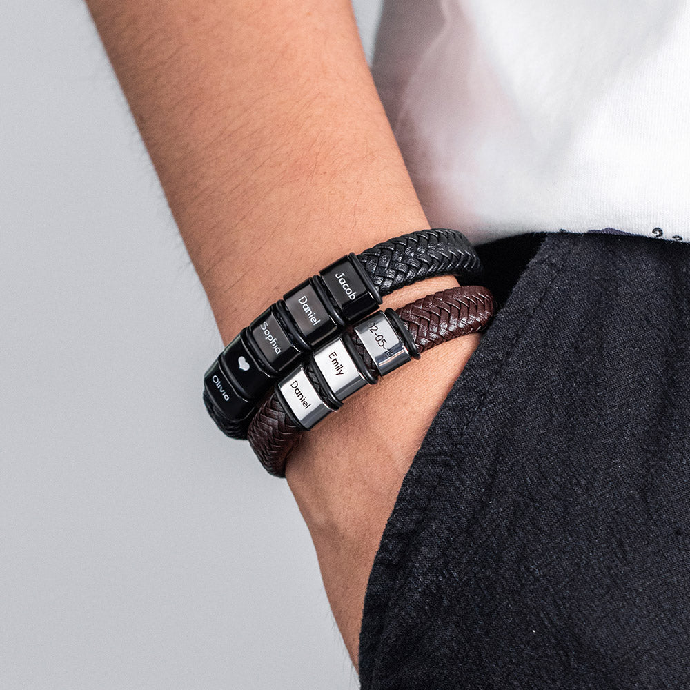 Customizable Beaded Weave Leather Bracelet for Men