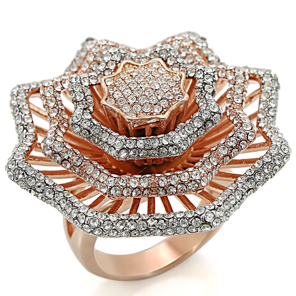 Rose Gold + Rhodium Brass Ring with Top Grade Crystal  in Clear