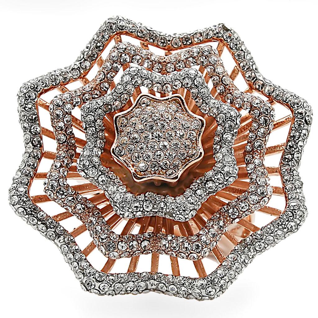 Rose Gold + Rhodium Brass Ring with Top Grade Crystal  in Clear