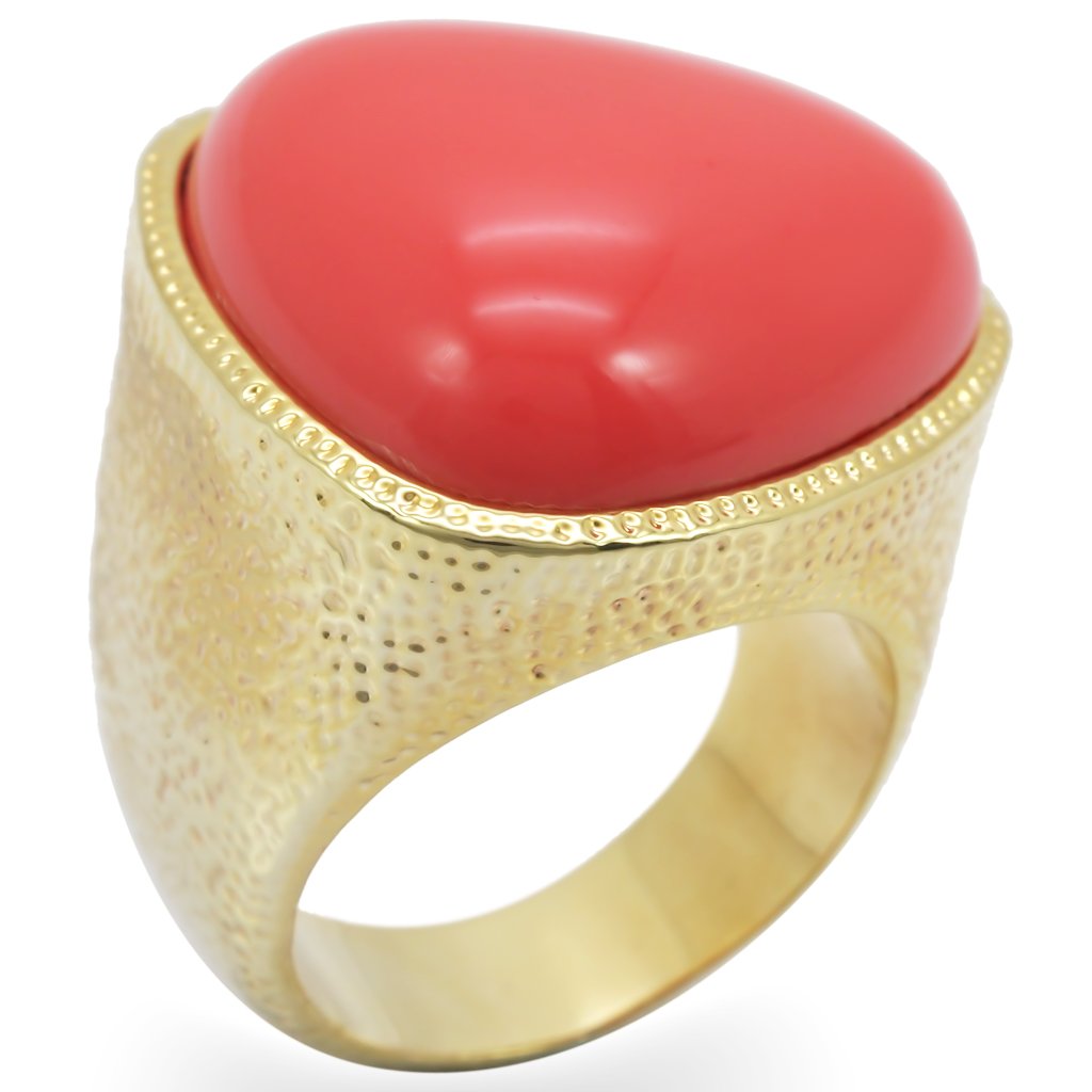 Gold Brass Ring with Semi-Precious Coral in Rose