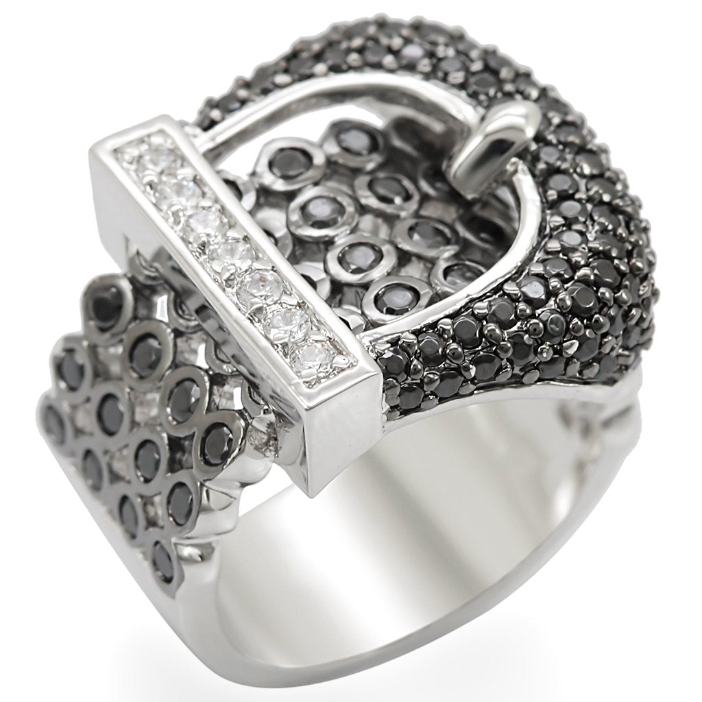 Rhodium + Ruthenium Brass Ring with AAA Grade CZ  in Black Diamond