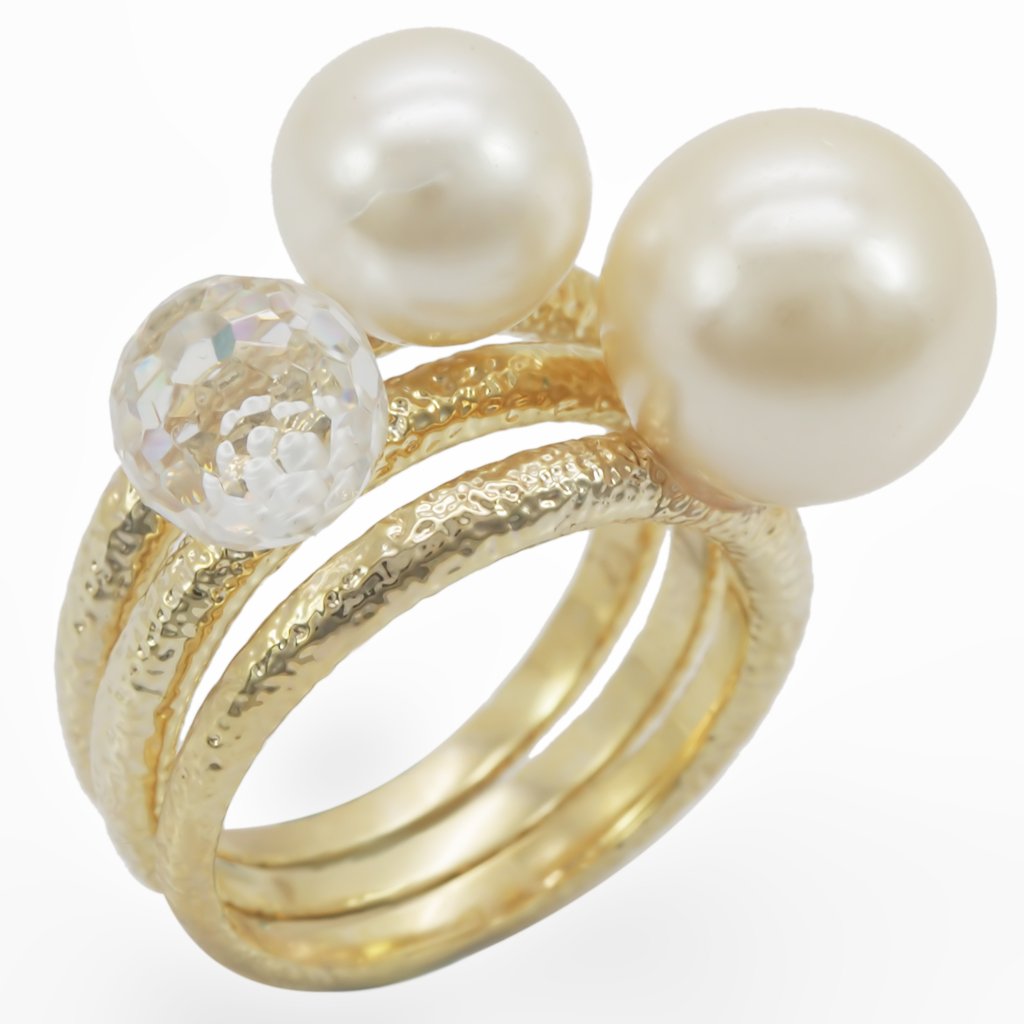 Gold Brass Ring with Synthetic Pearl in Citrine Yellow