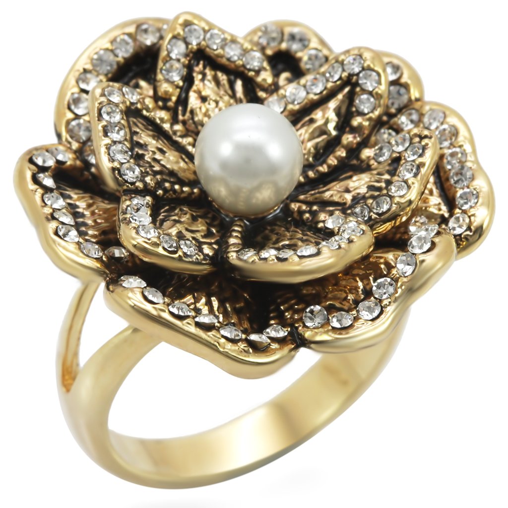Gold Brass Ring with Synthetic Pearl in Citrine Yellow
