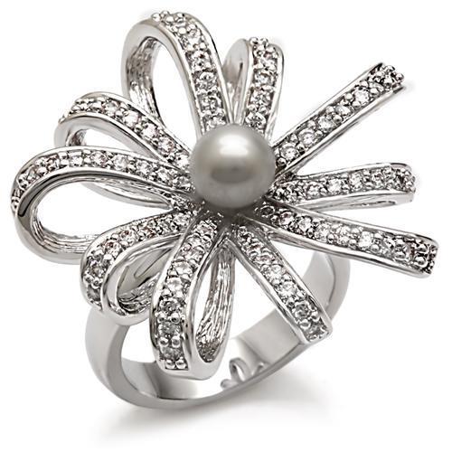 Rhodium Brass Ring with Synthetic Pearl in Gray