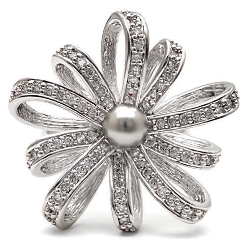 Rhodium Brass Ring with Synthetic Pearl in Gray