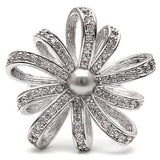Rhodium Brass Ring with Synthetic Pearl in Gray