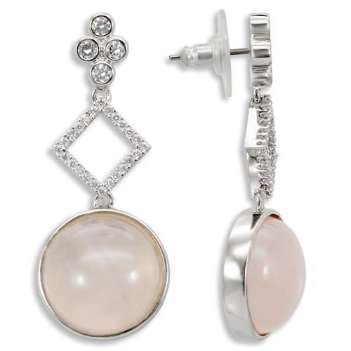 Rhodium Brass Earrings with Precious Stone PINK CRYSTAL in Rose