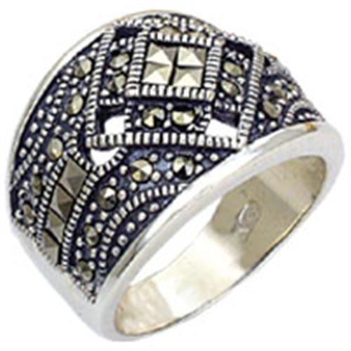Antique Tone 925 Sterling Silver Ring with Semi-Precious Jade in Jet