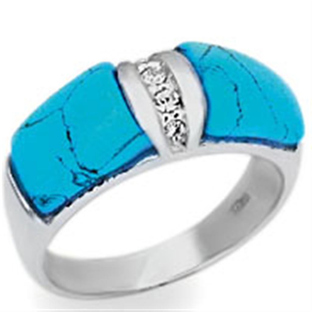High-Polished 925 Sterling Silver Ring with Synthetic Turquoise in Sea Blue