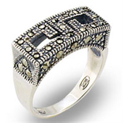 Antique Tone 925 Sterling Silver Ring with Semi-Precious Marcasite in Jet