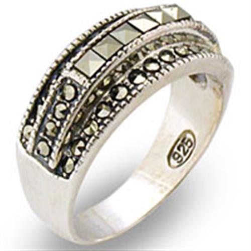Antique Tone 925 Sterling Silver Ring with Semi-Precious Marcasite in Jet
