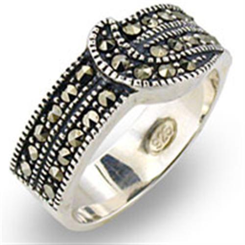 Antique Tone 925 Sterling Silver Ring with Semi-Precious Marcasite in Jet